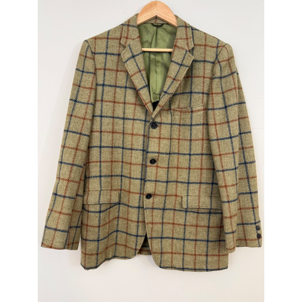 Vintage Wool Tweed Sport Coat Blazer Jacket Men 40R Tan Plaid Dark Academia
